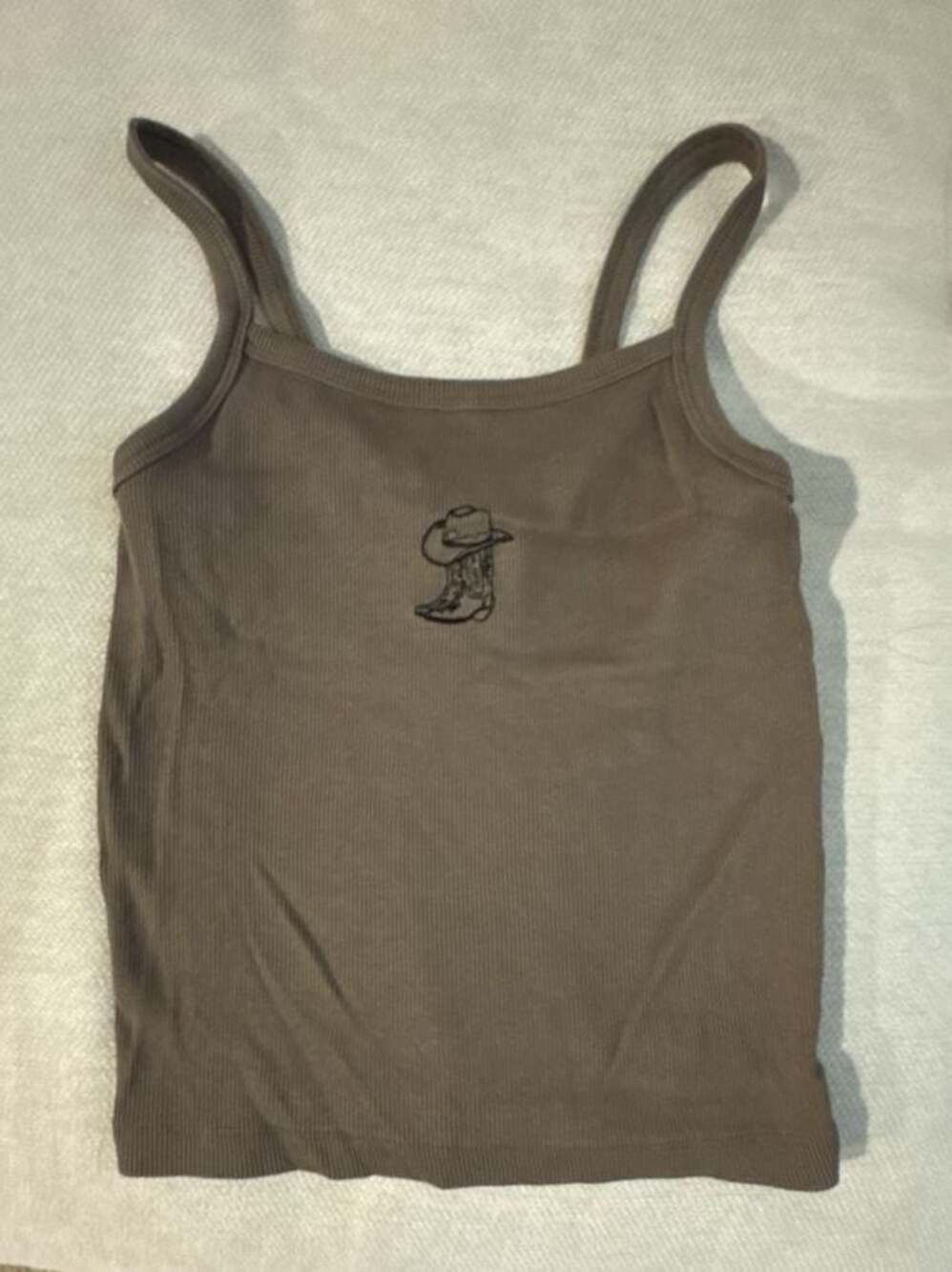 NOISY MAY Stine Western Ribbed Tank Top Brown with Cowboy Boot Embroidery